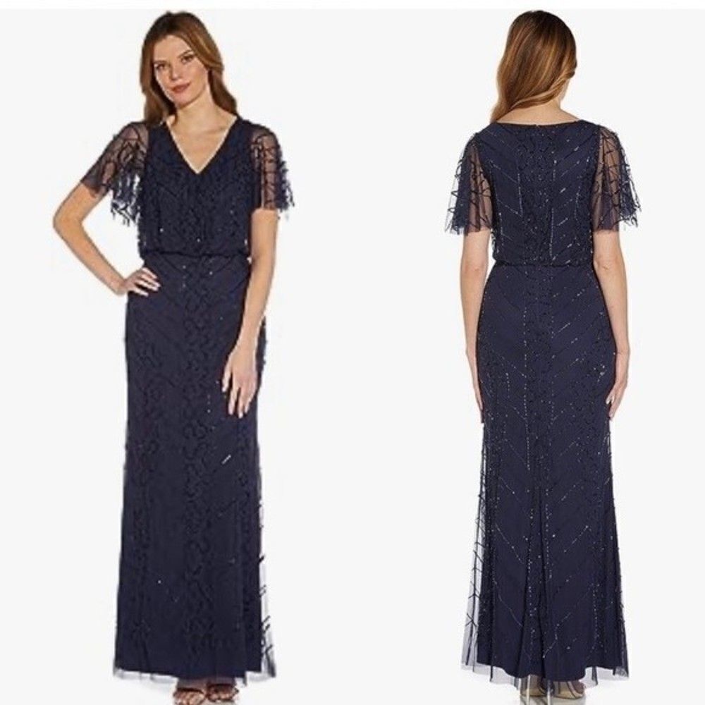 Adrianna Papell Navy Beaded Gown Flutter Sleeves Maxi 8